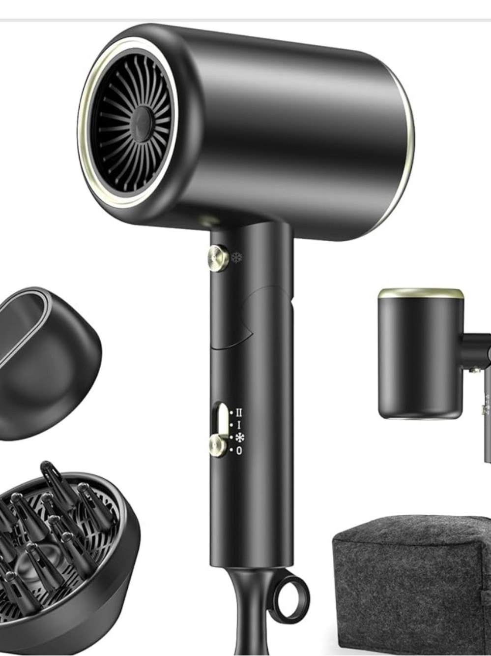 NEW NIB Sleek Black Compact Hair Dryer for Women with Diffuser